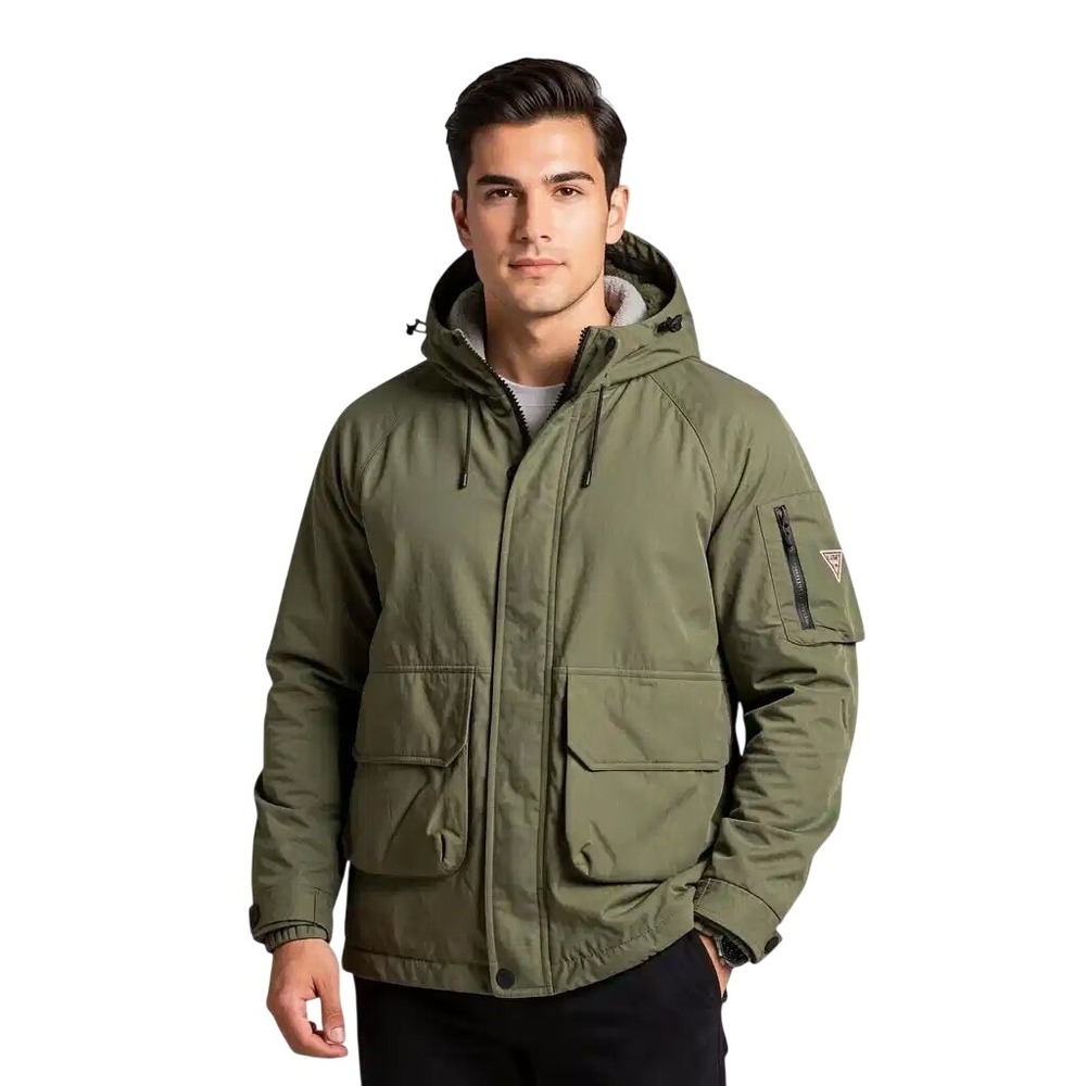 Guess Mens Hooded Parka Jacket Olive Green Sherpa Lined Heavyweight XL NWT